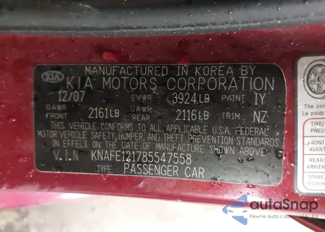 2008 Kia Spectra Ex from USA, damaged, VIN KNAFE121785547558